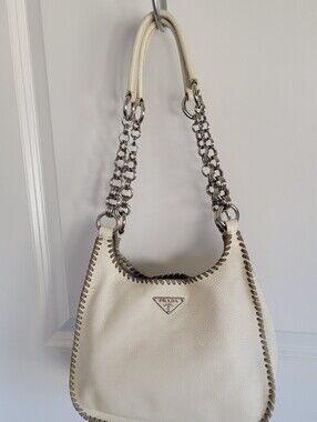 Prada White Pebbled Leather  Whipstitch Hobo Bag - Vintage Y2K Chain Handle